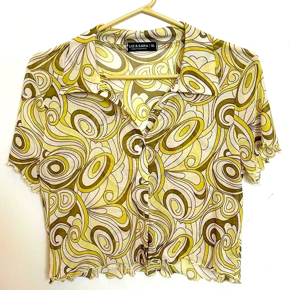 Retro Y2K, early 2000’s does the 70’s vibes, button down mesh blouse